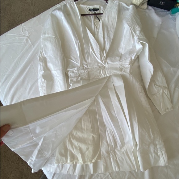 ZARA V-Neck Crossed pleated White mini cotton long sleeve Shirt Dress XS NWT - Picture 14 of 16